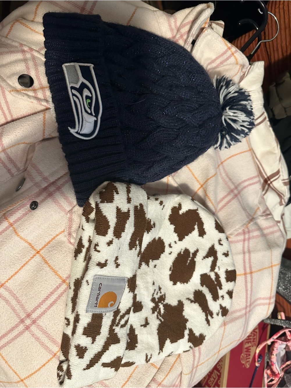 Carhartt Cow Print Beanie u& Seattle Seahawks Pom Hat - Navy